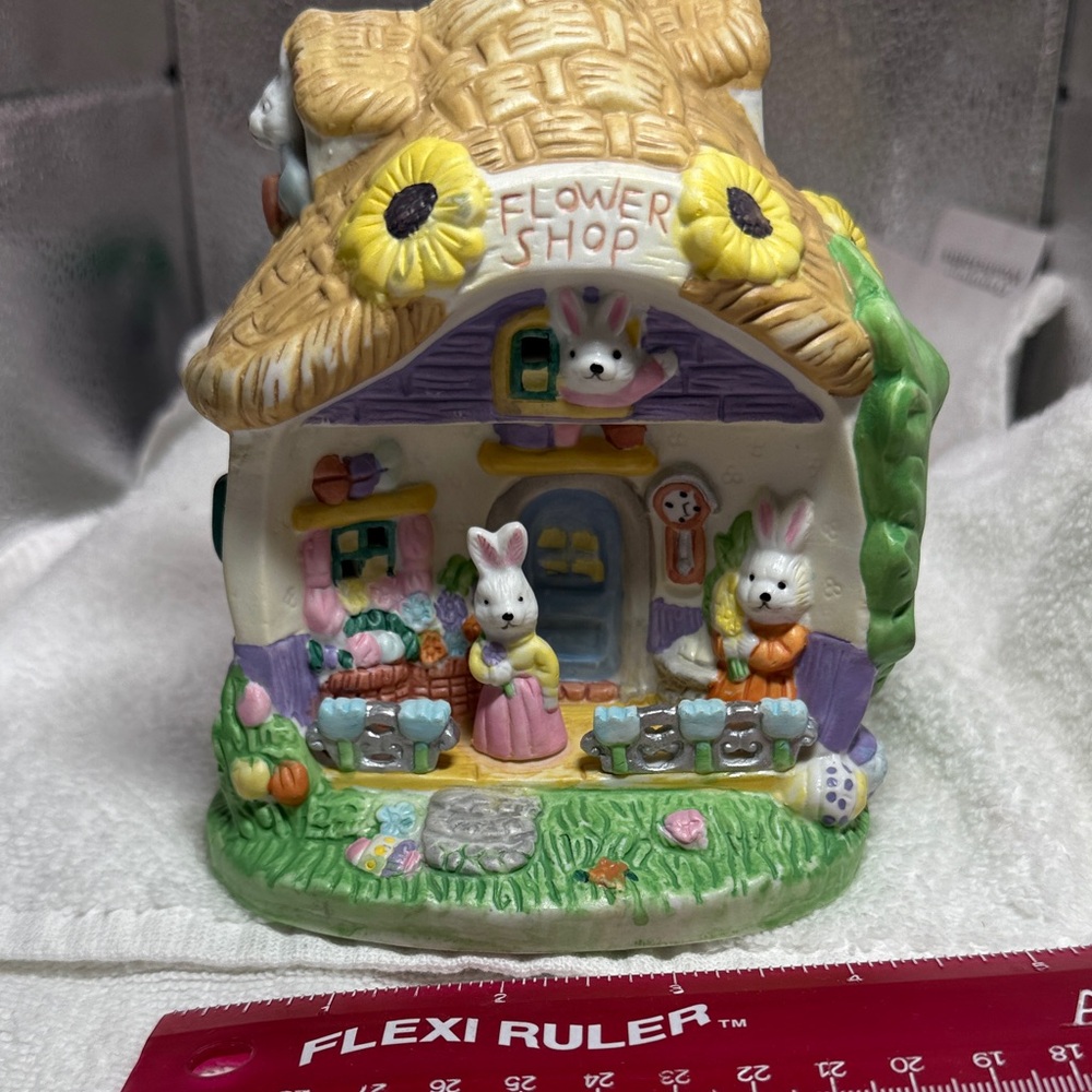 Hand-Painted Bunny Flower Shop Figurine – Pastel Multi-Color Ceramic Accent